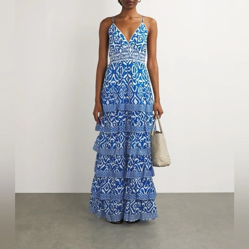 NWT Caroline Constas Blue and White Geometric Ikat Maxi Dress in size Large - Picture 6 of 10